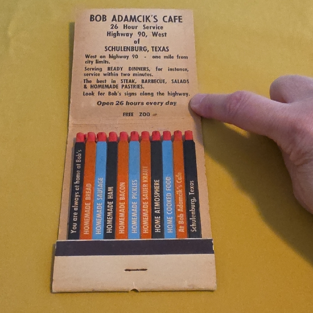 Fun Vintage "Giant Feature Match Book" from Bob Adamcik's Cafe in Schulenburg,TX